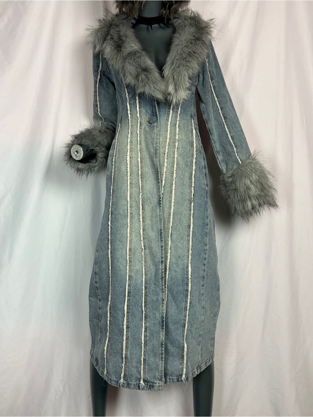 Charmed Off Beat Light Blue & Grey Wash Denim Maxi Coat - Picture 2 of 6